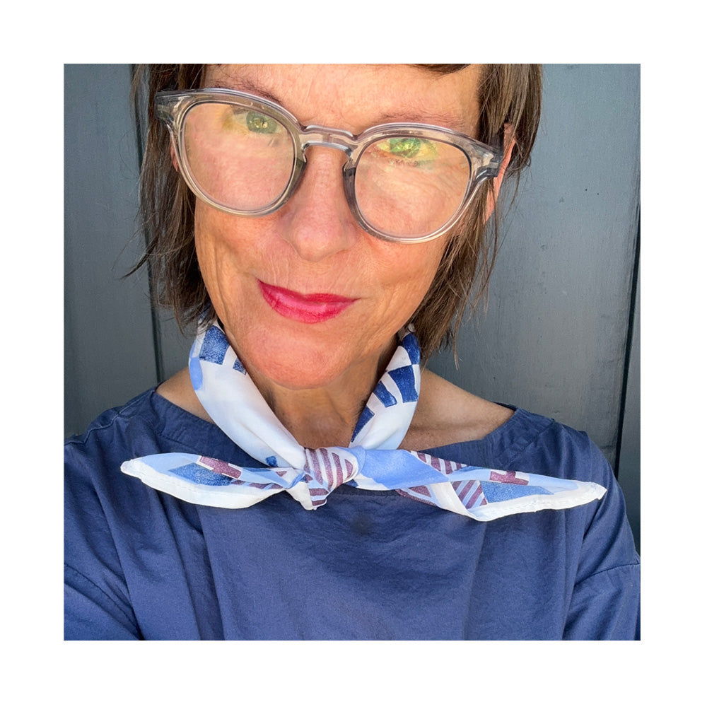 Cotton-Silk Bandana in Blue & White- Original Hand-Printed