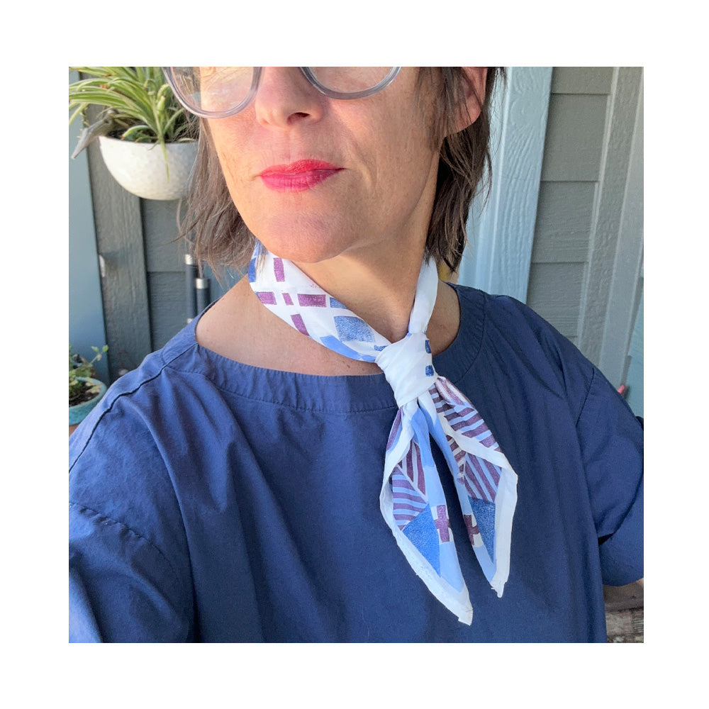 Cotton-Silk Bandana in Blue & White- Original Hand-Printed