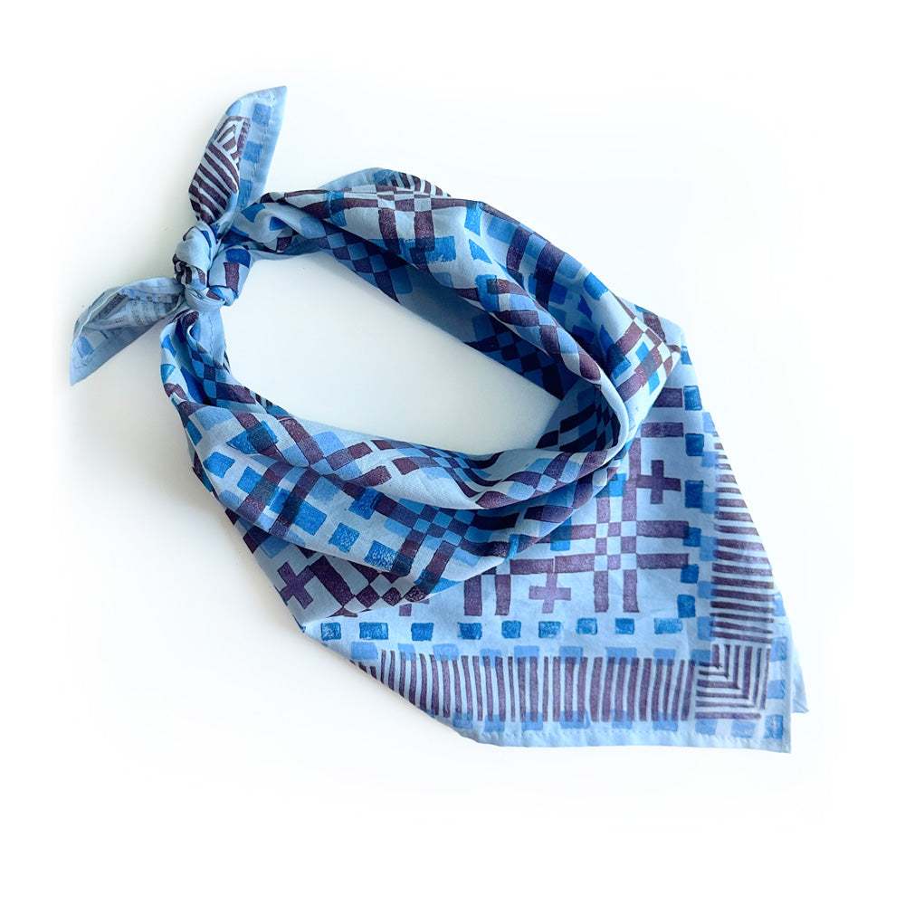 Cotton Bandana -Cool Blue Graphic 21" square.  Block Printed