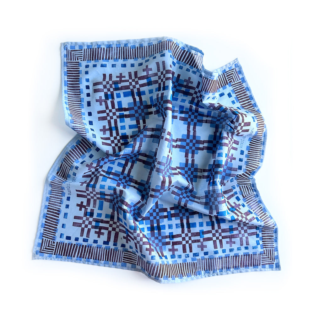 Cotton Bandana -Cool Blue Graphic 21" square.  Block Printed