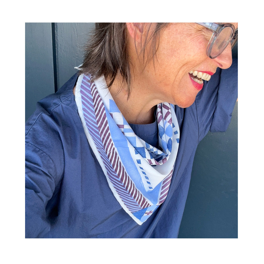 Cotton-Silk Bandana in Blue & White- Original Hand-Printed