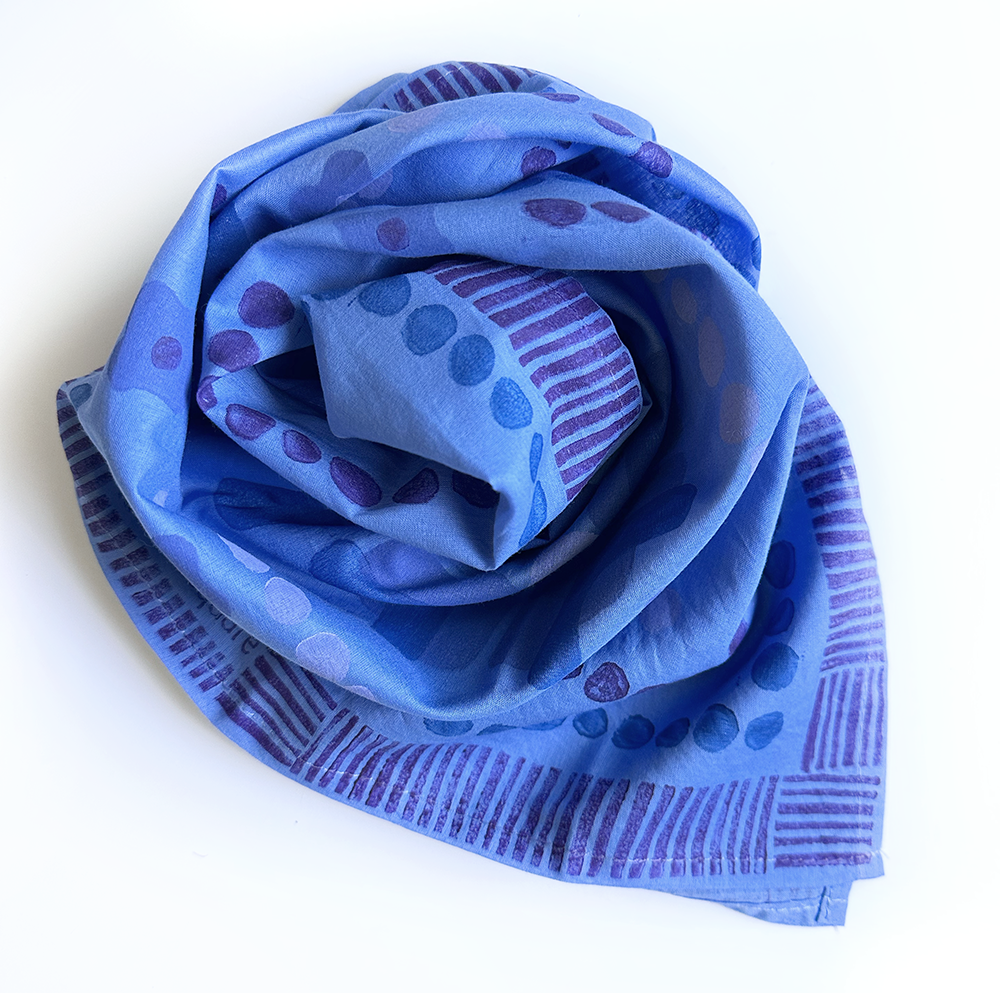 Cotton Bandana - Cornflower Blue with Lino Block Print