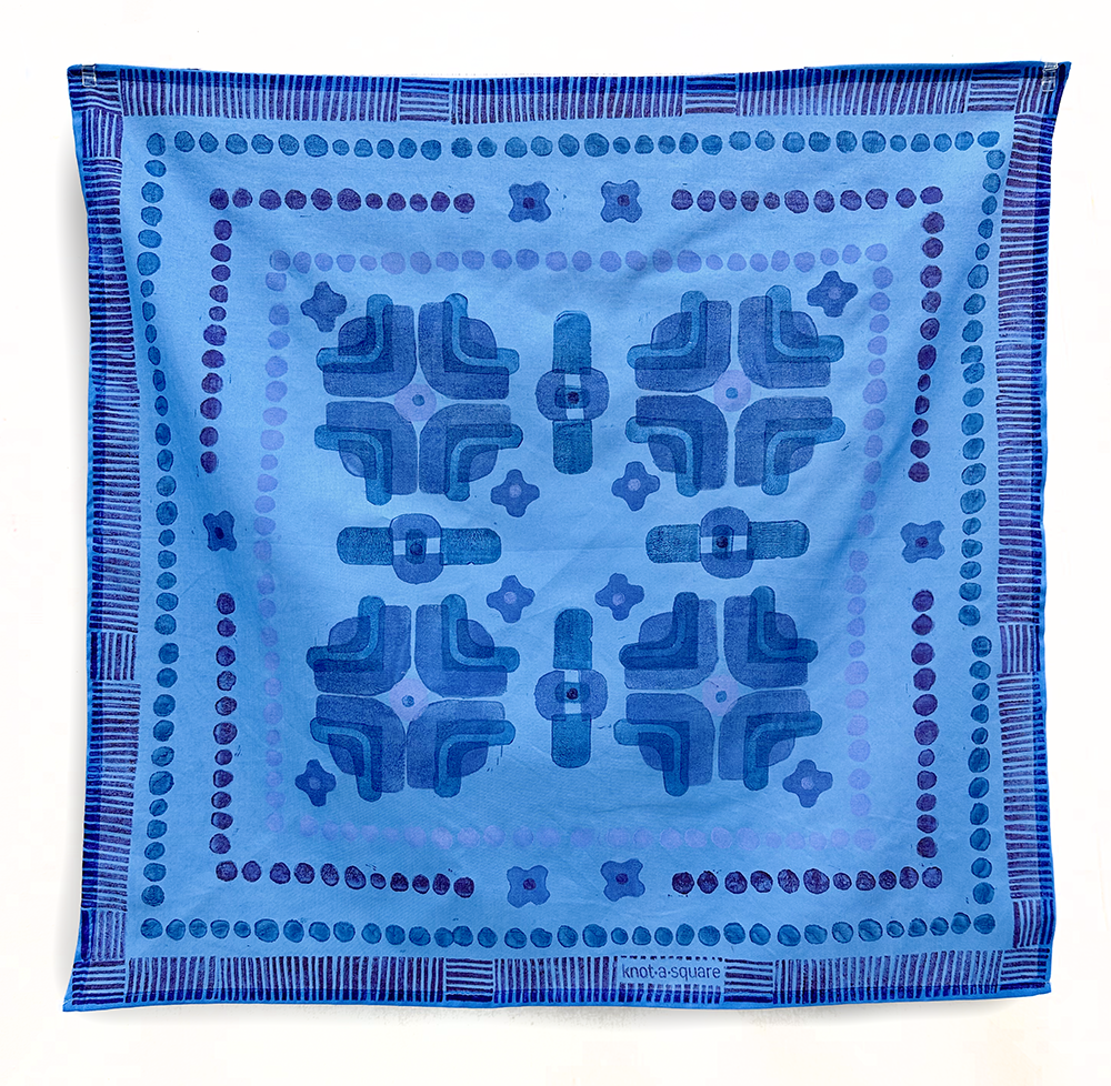 Cotton Bandana - Cornflower Blue with Lino Block Print